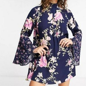 Free People Tate Mock Neck Bell Sleeve Blue Floral Tunic
